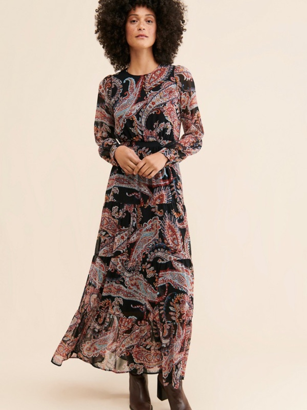 Anthropologie Black Paisley Long Sleeve Tiered Maxi Dress Size 6